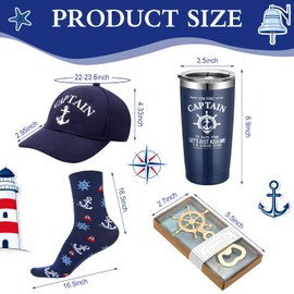 Didaey 4 Pcs Boating Gifts for Men Boat Captain Cap Captain's Hat Stainless Steel I'm Captain Tumbler Cups Rudder Nautical Beer Opener and Boats Socks Summer Father's Day Gifts for Boaters(Dark Blue)