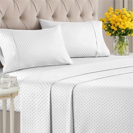 4 Piece Polka Dot Sheets for Cal King Size Bed – Luxury Flat Sheet 108 x 102, Fitted Sheet 72 x 84 and 2 Pillowcases 20 x 40 – Deep Pocket, Ultra-Soft, Black and White Sheets – Oeko-TEX Bed Sheet Set