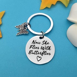 Huwujiu Memorial Gift Keyring Sympathy Gift Now She Flies with Butterflies Keyring Remembrance Gifts Keyring Sympathy Keyring In Memory of Loved Gift Loss of Mum Grandma Sister Daughter Friend Gifts
