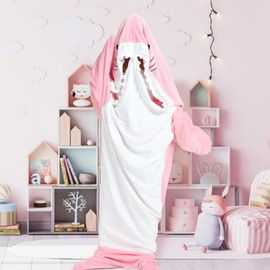 Antsparty Shark Blanket Onesie for Adult Flannel Wearable Shark Hoodie Pajamas One-Piece Animal Sleeping Bag (Pink, L)