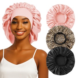 ZHENSILK 3PCS Silk Sleep Bonnet for Women, Large Satin Hair Caps with Elastic Band, Curly Hair Wrap for Sleeping, Frizz Protection (Black, Light Pink, Leopard Print)