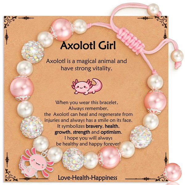 Axolotl Bracelets for Girls, Children, Adjustable Pink Beads and Rhinestone
