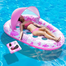 Inflatable Pool Floats Adult, 3-in-1 Tanning Pool Floaties Lounger with Canopy and Cup Holder, XL Pool Raft Floating Recliner Chairs for Swimming Pool Lake Beach, Pool Toys for Adults