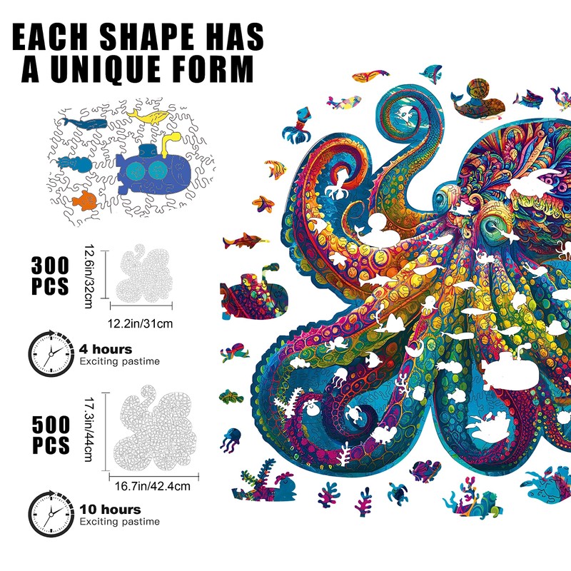 Mys Aurora Unique Wooden Jigsaw Puzzles - Agate Octopus, 300
