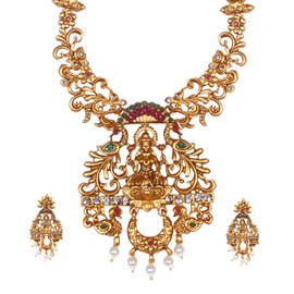 Bodha Traditional Indian HandcraftedAntique Gold Plated Godess Lakshmi Temple Jewellery Necklace with Matching Earring for Women (SJ_2917)