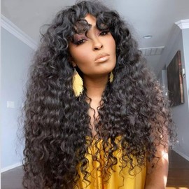 20 inch Kinky Curly Human Hair Wigs with Bangs None Lace Front Wigs Human Hair for Black Women 150% Density Machine Made Curly WigsHuman Hair with Bang Natural Color