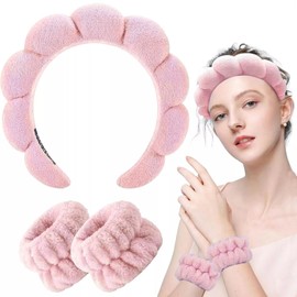 Qiansail 3Pcs Spa Headbands for Women, Fashion Skincare Headband and Wristband Cloth Fabric Sponge Makeup Hairband for Washing Face Shower Facial Mask (Pink, One Size)