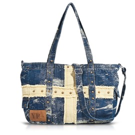 QTKJ Denim Tote Bag for Women, Patchwork Retro Shoulder Bag,with Adjustable Shoulder Strap, Vintage Purse for Women Vacation Travel Daily Matching