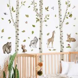 Runtoo Large Birch Tree Wall Decals Peel and Stick Woodland Animals Jungle Wall Stickers for Kids Bedroom Nursery Classroom Living Room Decor