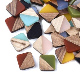 Fashewelry 50Pcs Half Wood Half Resin Square Cabochons Flat Back Rhombus Wooden Geometry Self Adhesive Tiles 13.5x13.5mm Two-Tone No Hole Beads Statement for Jewelry Making Scrapbooking Crafting Decor