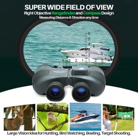 Marine Binoculars 10x50 with Rangefinder Compass for Adults - FMC Lens Waterproof Fogproof Low Light Vision Binoculars with and Harness Strap for Hunting Bird Watching Boating