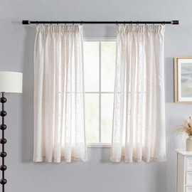 MYSKY HOME Short Linen Look Curtain Living Room Curtains with Ruffle Tape Semi-Transparent Curtain Set of 2 H 145 x W 140 cm Natural Style Curtain Semi-Transparent Linen Curtains Linen Colour