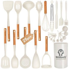 Large Silicone Kitchen Utensils Set with Holder, 25Pcs Cooking Utensil Set with Wooden Handle, Heat Resistant Spatula Sets for Cooking, BPA Free Silicone Utensils Set for Non-Stick Cookware(White)