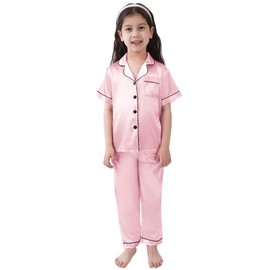 SWOMOG Girls Boys Silk Satin Pyjamas Set Button-Down PJs Two-Piece Lounge Sets Short Sleeve Sleepwear with Long Pants