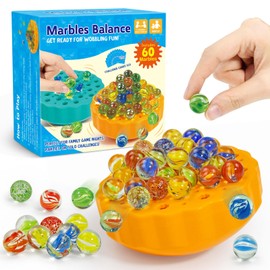 Wobble Marble Balance Stacking Game for Kids 6-12 & Families - Fun Birthday Party Games with 60 Glass Marbles, Dice & 15 Challenge Cards - Family Game Night for 1-4 Players (Yellow)