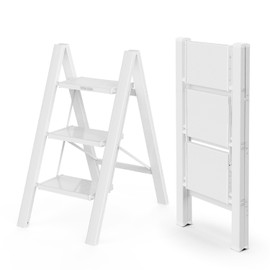 WOA WOA Step Ladder, Widen Pedals Folding Step Stool with Anti-Slip Foot, Portable Lightweight Aluminum Ladder, Household Stepladder for Kitchen, Fold Thin & Space Save, 300 lbs Load (3 Step, White)