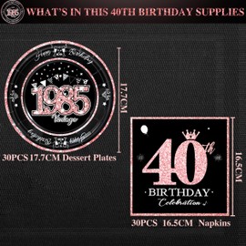 algpty 40th Birthday Decorations Birthday Plates Set Rose Gold, Service for 30, Vintage 1985 Birthday Party Bundle Includes Rose Gold Dessert Plates, Napkins 40th Birthday Supplies for Women