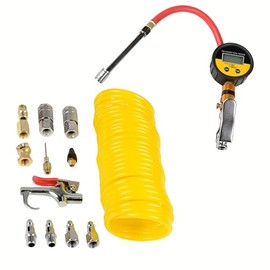 ATE Pro. Tools - 15pc Air Compressor Accessory Kit, 1/4 inch x 25 ft Recoil Poly Air Hose, 230 PSI Tire Inflator Digital Gauge, 1/4" NPT Quick Connect Air Fittings, Blow Gun, Dual Tire Chuck