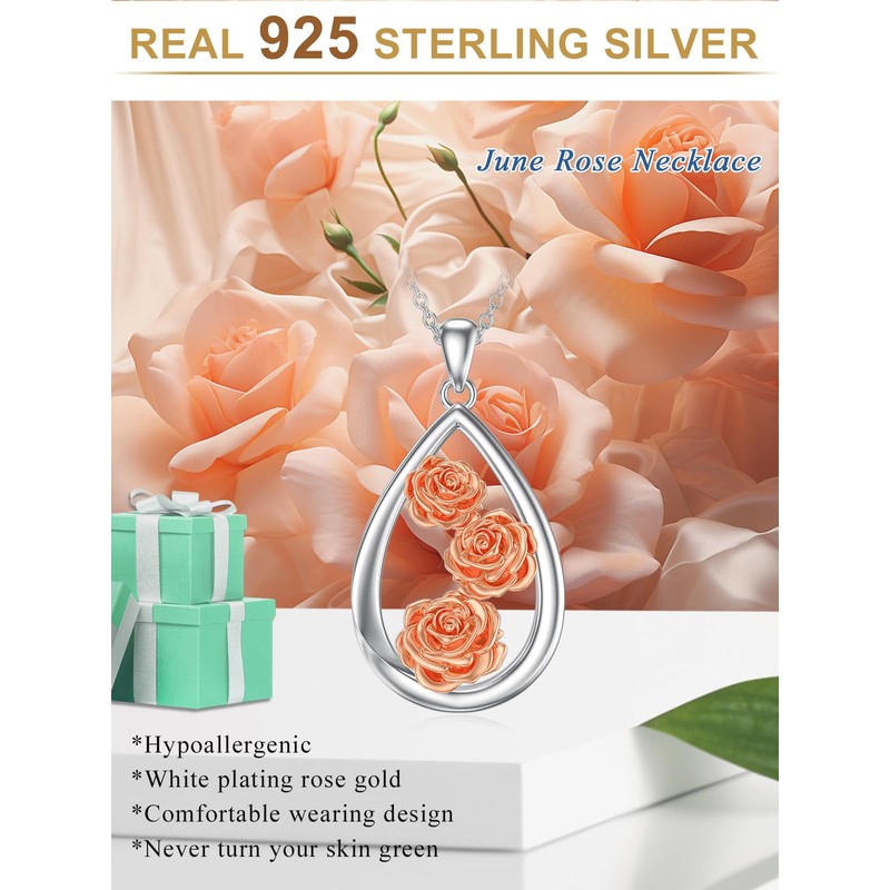 Seiyang Teardrop Rose Necklace 925 Sterling Silver June Birth Flower