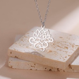 KKJOY Lotus Flower Necklace Stainless Steel Yoga Pendat Inspirational Jewelry for Women Charming Ladies (1mm Cross Chain, Silver)