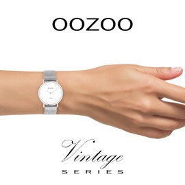 Oozoo Vintage Women's Watch – Women's Watch with 16 mm Mesh Strap – Analogue Women's Watch in Round, Silver / white, Bracelet