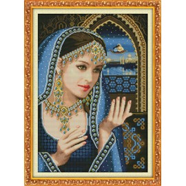 YEESAM ART Unstamped Cross Stitch Kits for Adults, Indian Lady Woman 14ct Counted Unprinted Embroidery Kit Needlework Wall Art Decor 41x55cm