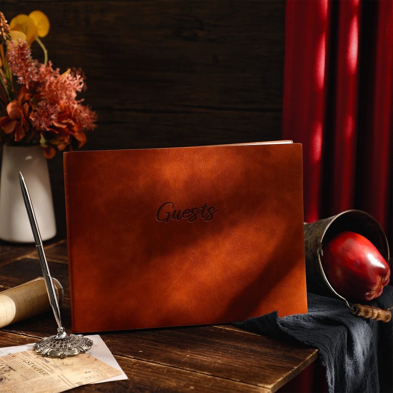 Geyee Leather Guest Book and Pen Stand Set, 10.5" x