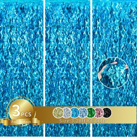 TONIFUL 3Pcs Wavy Metallic Tinsel Foil Fringe Curtains,3.28ft x 6.56ft Teal Blue Streamer Backdrop for Photo Booth Props,Party Door Wall Curtains,Bachelorette,Mermaid Birthday Underwater World Decor
