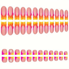 Auiremrti 48 Pieces Gradient Orange Pink French Tips Toenails, Long Square Artificial Nails with Ombre Designs, Press-on Artificial Toenails