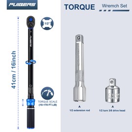 PUIBERS Torque wrench Set 1/2 drive,1/2 Torque Wrenches 10-170 FT.LB/13.6-230.5 Nm,±3% Precision Torque Wrench with 1/2'' to 3/8'' Socket Adapter, 49 Inch Extension Bar for Car and Moto Maintenance