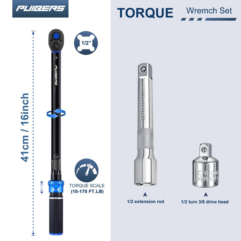 PUIBERS Torque wrench Set 1/2 drive,1/2 Torque Wrenches 10-170 FT.LB/13.6-230.5