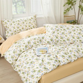 SAPHREAS Green Floral Duvet Cover Set King Size 3pcs Soft Breathable Yellow Flowers Bedding Comforter Cover Set 100% Cotton 1 Duvet Cover 104"x90" 2 Pillow Shams, Comforter Not Included
