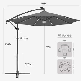 FLAME&SHADE 10ft Solar Outdoor Umbrella - 24 LED Lighted Patio Umbrella with Centre Surround Light, Table Umbrellas with Tilt & Crank for Pool, Porch, Garden, Deck, Backyard UV Protection (Taupe)