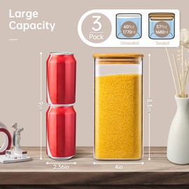 57oz - 3 Pack Square Glass Jars with Bamboo Lids, Glass Food Storage Containers with Airtight Lids for Kitchen, Air Tight Pantry Storage Containers for Cereal, Pasta, Rice, Sugar, Coffee, Spice