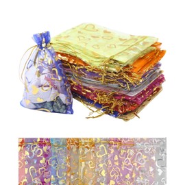 AORHOFJ Pack of 50 Organza Bags Jewellery Bags 12 x 9 cm Organza Bags Small Colourful Organza Bags with Drawstring Moon Star Organza Bag for Wedding Birthday Christmas Anniversary Christmas