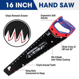 WORKPRO 16-Inch Universal Handsaw with Non-Slip Comfortable Handle, Anti-Rust Wood Saw With Chip Removal Design, Heavy-Duty for Cutting Wood, Laminate, PVC