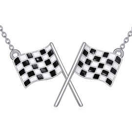 YFN Checkered Flag Necklace Sterling Silver Racing Flag Pendant Necklace Black and White Race Car Jewelry for Women Men Racer Gift