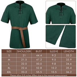 Jeyiour 3 Pcs Renaissance Costume Men Medieval Viking Tunic Knight Costume Faux Leather Arm Guards and Shirts(XXL,Dark Green)
