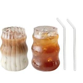 2 Pcs Ribbed Glass Cups, 18 oz Vintage Wavy Iced Coffee Cup Glass