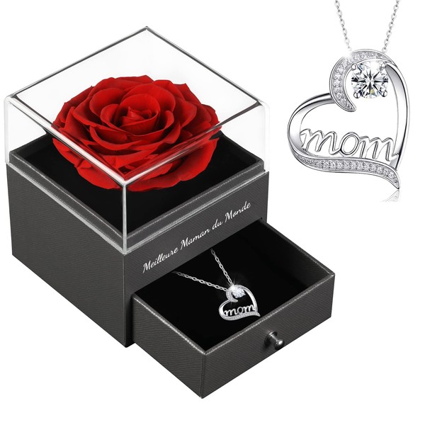 Sunia Gift for Mum Christmas, Eternal Rose with Jewellery with 925 Sterling Silver Necklace, Best Mum in the World, Preserved Rose Flowers Gift for Mother's Day, Birthday, Christmas Gift for Mum