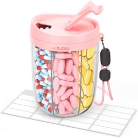 AMOOS AMOOS Large Pill Dispenser with 6 Compartments, Anti-Mix Pill Bottle Organizer with Wide Opening & Easy Retrieval, Vitamin Organizer for Travel, BPA-Free Pill Box with a Strap and 20 Sticky Labels