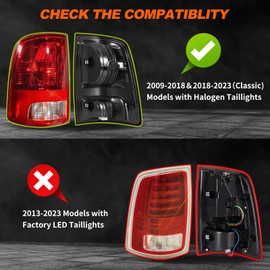 MAYELLO Pair Tail Lights w/Bulbs Compatible with 2009–2018 Dodge Ram 1500/2500/3500 & 2019–2024 Ram 1500 Classic – Driver & Passenger Sides Rear Lamps Assembly（fit Factory Halogen Trims Only）