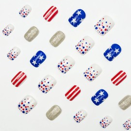 Short Square Independence Day Press on Nails 4th of July Fake Nails Glossy Glitter Acrylic Gel False Nails with Star Red Stripe and Dot Designs Full Cover Stick on Nails for Women Manicure 24Pcs