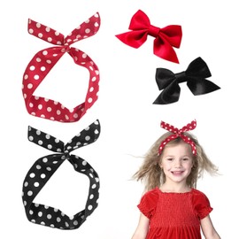 2 Pieces Cute Polka Dot Headbands with 2 Pieces Bow Hair Clips Retro Classic Women Headscarves Can Be Bent and Twisted (Red, Black)