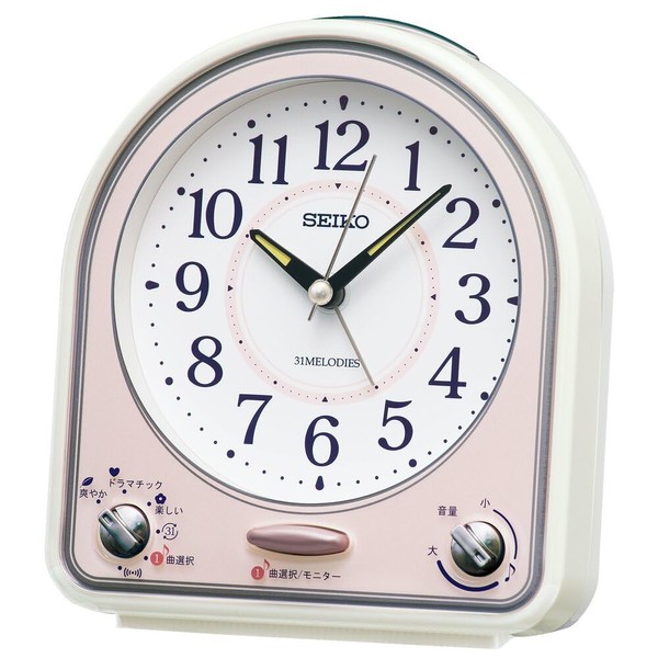 Seiko Clock Alarm Clock Clock Analog 31 Songs Melody Alarm, White Pearl, Partial Pink Pearl, 5.5 x 4.9 x 2.8 inches (139 x 126 x 70 mm) QM750P