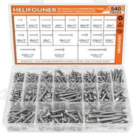 540 Pieces #4#6#8#10#12 Wood Screws Set, HELIFOUNER 18 Sizes Phillips Pan Head Self-Tapping Screws Assortment Kit, Phillips Pan Head Wood Screws, 304 Stainless Steel