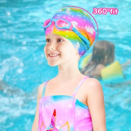 Kids Swim Caps for Girls Long and Short Hair, Child Toddler Teens Silicone Waterproof Swim Cap with Swimming Goggles and Swim Bag for Girls Boys(Age 6-12) (Rainbow Unicorn, 3-6 Years)