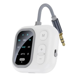 JESWO Adaptador Bluetooth 5.4 (2 en 1 Transmisor y Receptor), AUX 3.5mm con Pantalla HD y Micrófono, Inalámbrico para Auto, TV, PC, Auriculares y Altavoces