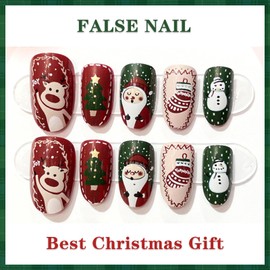 Christmas False Nails Set, Removable, Carton of 24 Pieces (Glue + Jelly Glue + Sanding Strips + Cleaning Pads + Remover Stick), Santa Claus Reindeer Motif, Suitable for Women and Girls