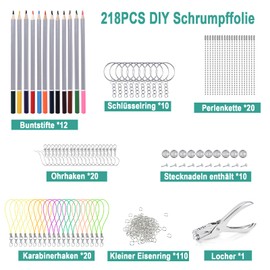 Tigvio Shrink Film, 218 Piece Shrink Film Set, Shrink Film for Crafts Set with A4 Shrink Paper & A5 Shrink Films with Patterns Colouring Pencils Hole Punch, Shrink Film Set Keyring for Children